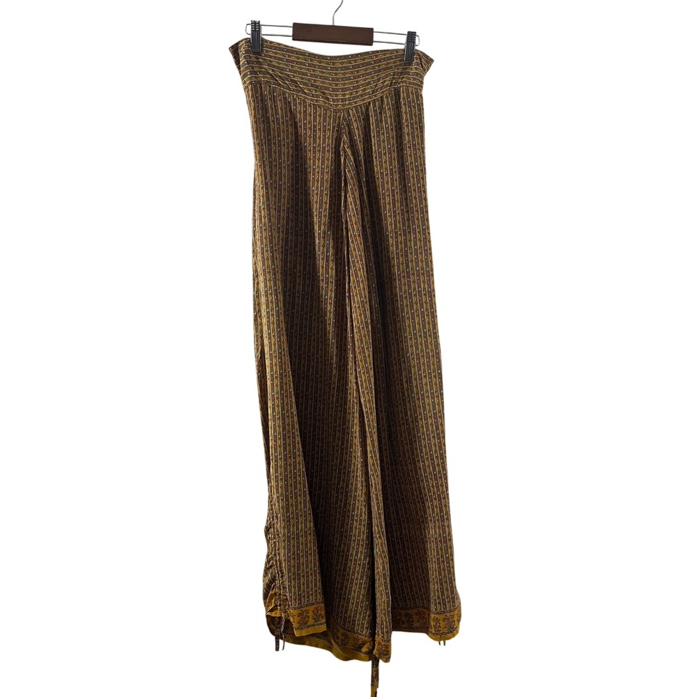 IndiElla 100% Silk Wide Leg Smocked Waist Boho Floral Stripe Pants Yellow Small